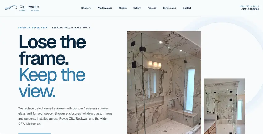 The Clearwater Glass and Showers site, frameless enclosure work shown at full width
