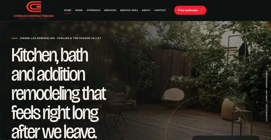 The Cyrwus Contracting site, dark editorial layout with finished remodeling photography